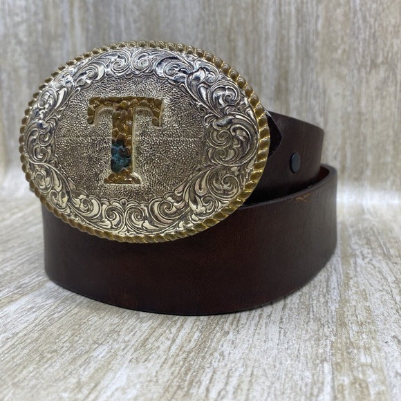 Justin SZ 32 Black Leather Belt with Crumrine TEXAS Buckle Gold Silver Two Tone - Picture 1 of 9